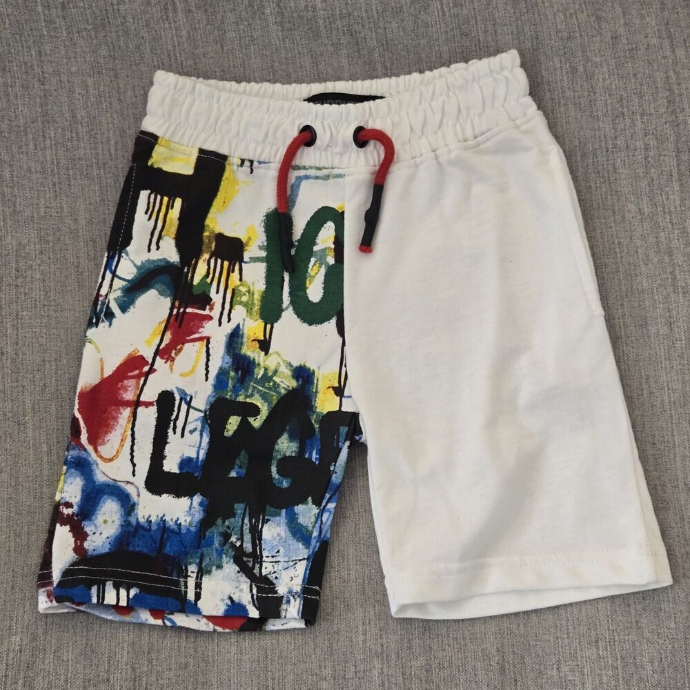Encrypted Boys Size 4 Graffiti Shorts White Pockets Drawstring Waist Colorful